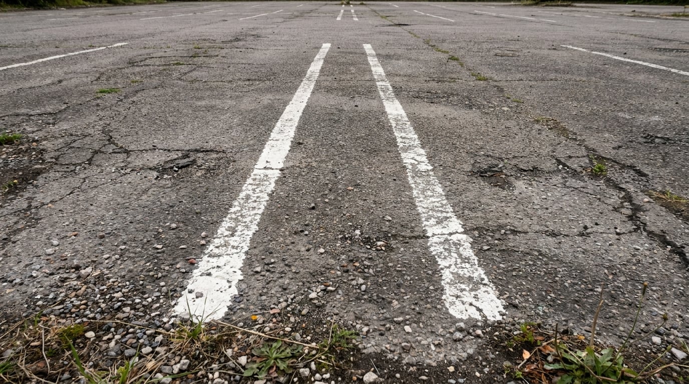 Two white lines about a foot and a half apart running away across cracked, empty tarmac in a bare car park. No rider is in this picture.