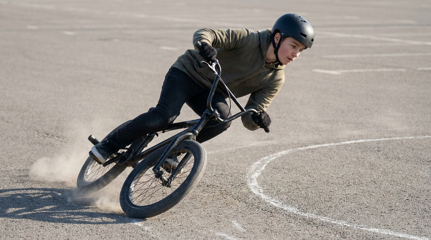 A boy leaning hard into a chalked corner on a bike, helmet on, both tyres scuffing sideways and throwing up dust.