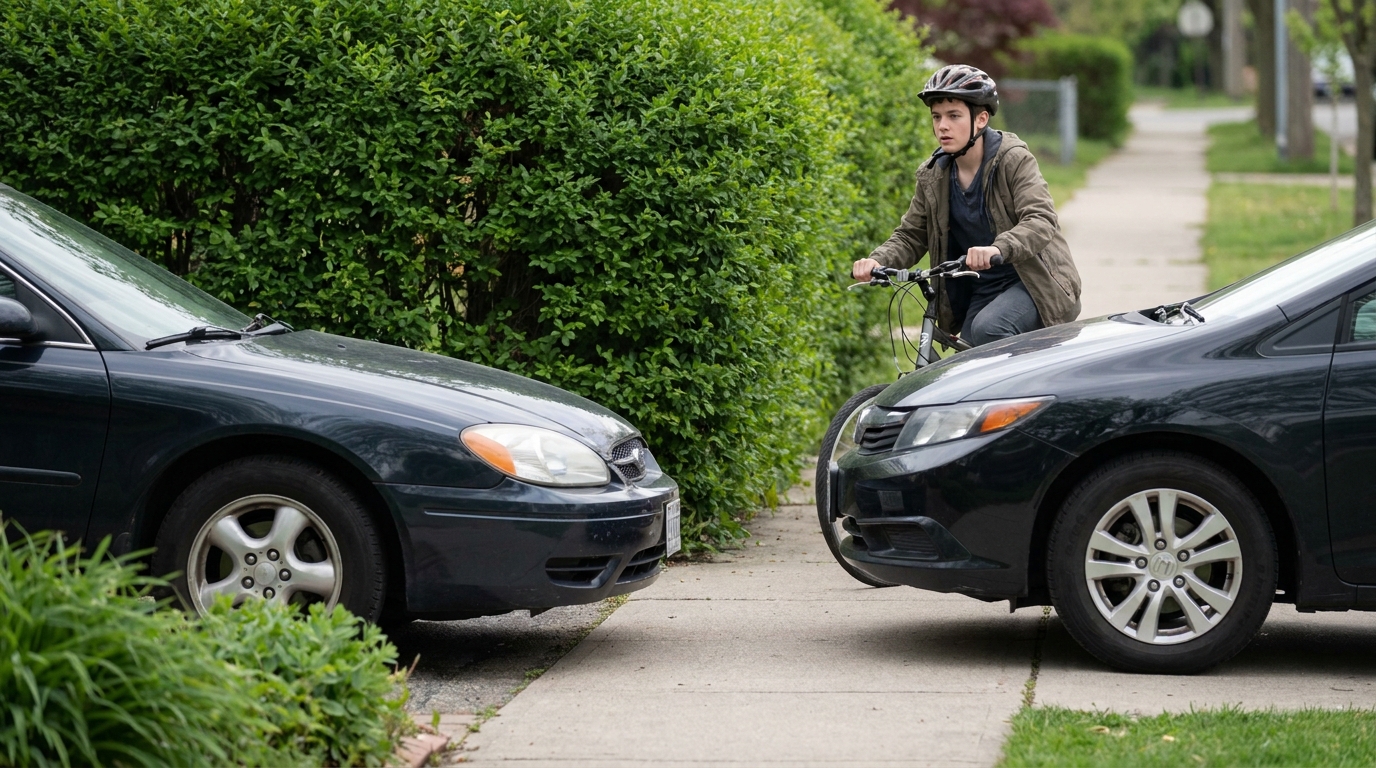 A boy on a bike on a suburban sidewalk in a fastened helmet, stopped short because a car has nosed out of a driveway straight across the concrete in front of him. A tall hedge hides everything behind it.