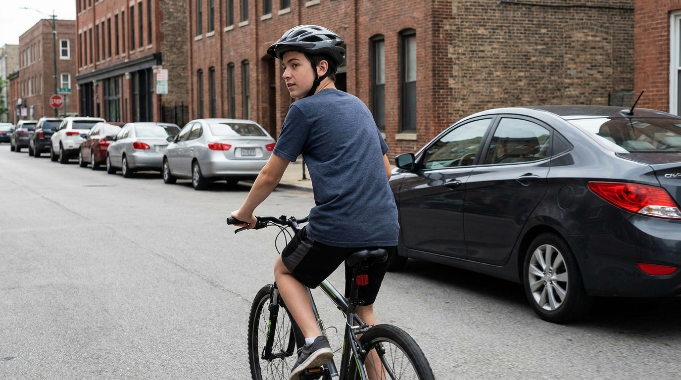A boy riding out in the middle of a traffic lane alongside a row of parked cars, helmet on, glancing back over his shoulder as a car starts to come past on his right.