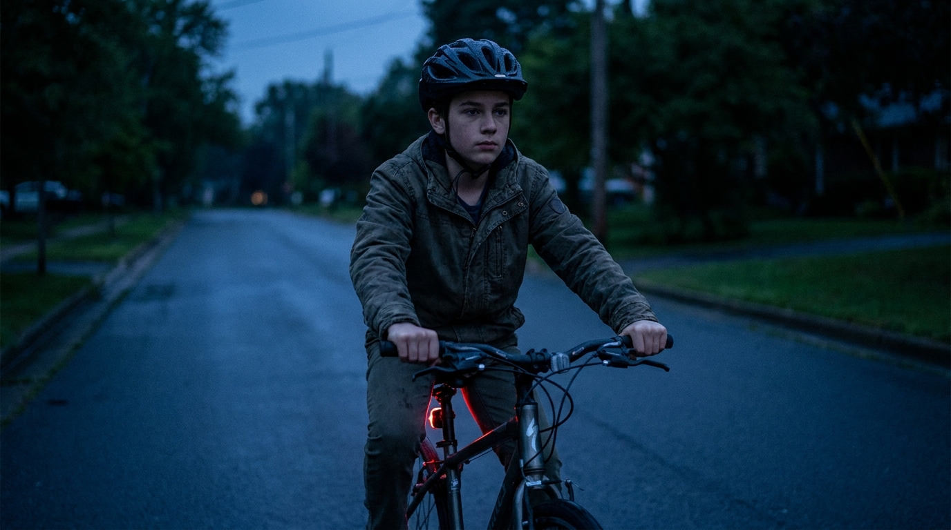 A boy riding a bike down the middle of a road at dusk, helmet on. There is no light at all on his handlebars. A red light glows low on the frame behind him.