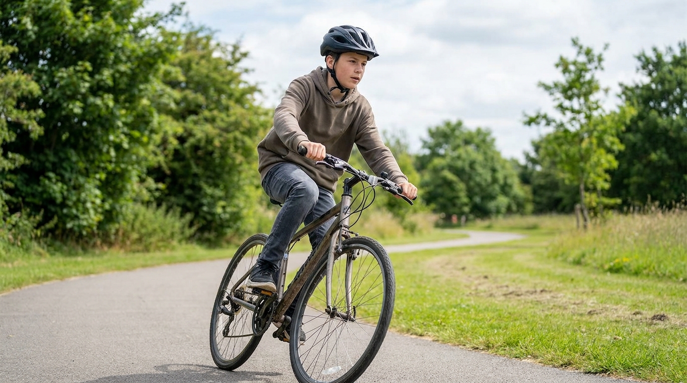 A boy riding round a gentle bend of a shared path on an ordinary afternoon, helmet on, both hands on the bars. Nothing unusual is happening anywhere in the picture.