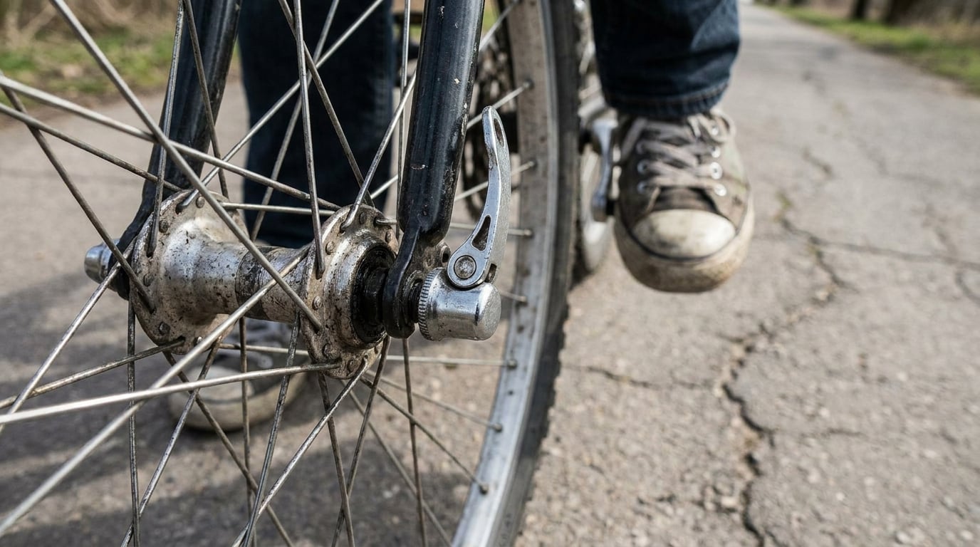 Close and low on the front hub of a bicycle with the quick-release lever standing wide open, sticking straight out, unclamped. A rider's foot is on the pedal behind it. The head is not in this picture.