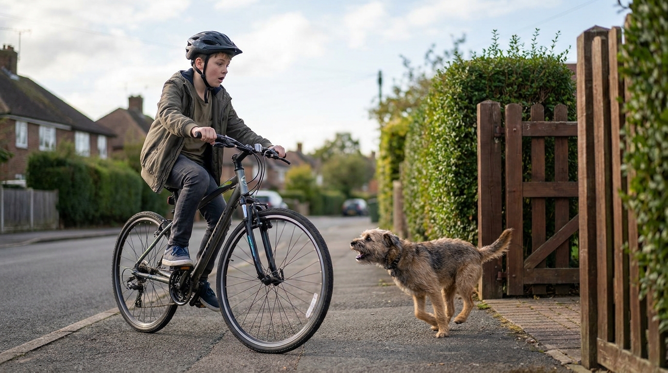 A boy of about thirteen on a bike, helmet on, pulling up open-mouthed as a small scruffy dog runs barking out of an open garden gate straight at his front wheel.