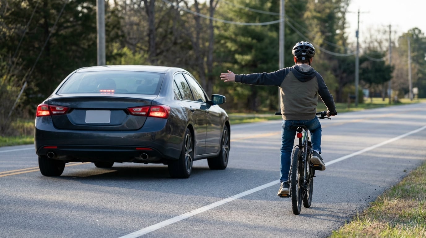 A boy on a bike at the right-hand edge of a road, helmet on, his left arm held straight out to signal while he is already drifting left. A car is right beside him in the lane with its brake lights lit.