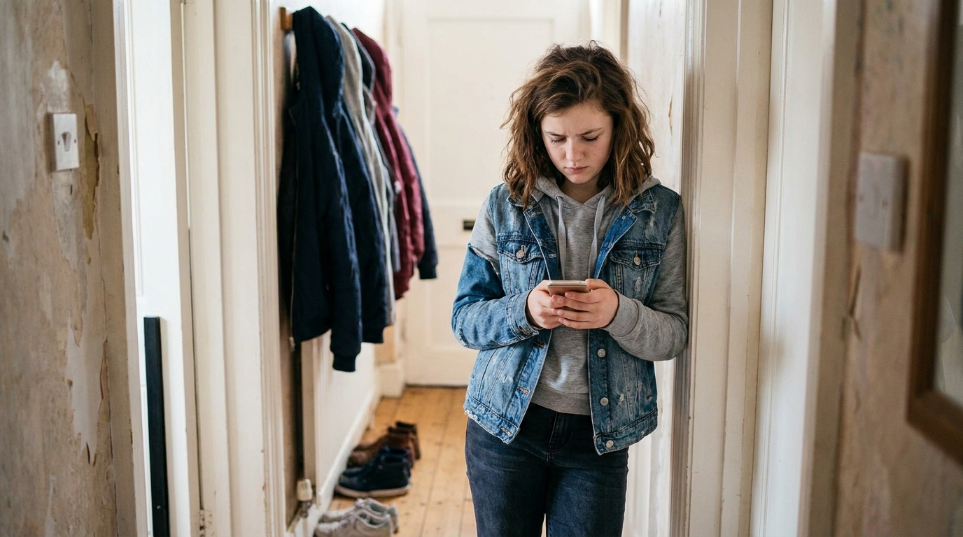 A girl of about fourteen in her hallway reading a group chat on her phone and deciding what to type.