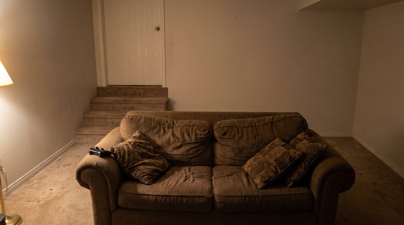 A basement den with a worn sofa and a games controller on the arm, and a plain closed door at the top of three carpeted steps behind it.