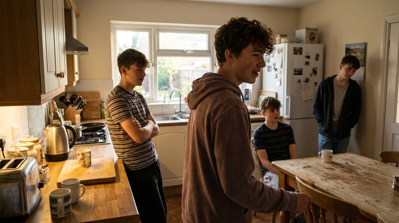 A boy of about fourteen in a busy kitchen, mid sentence and already half turned away, completely unbothered.