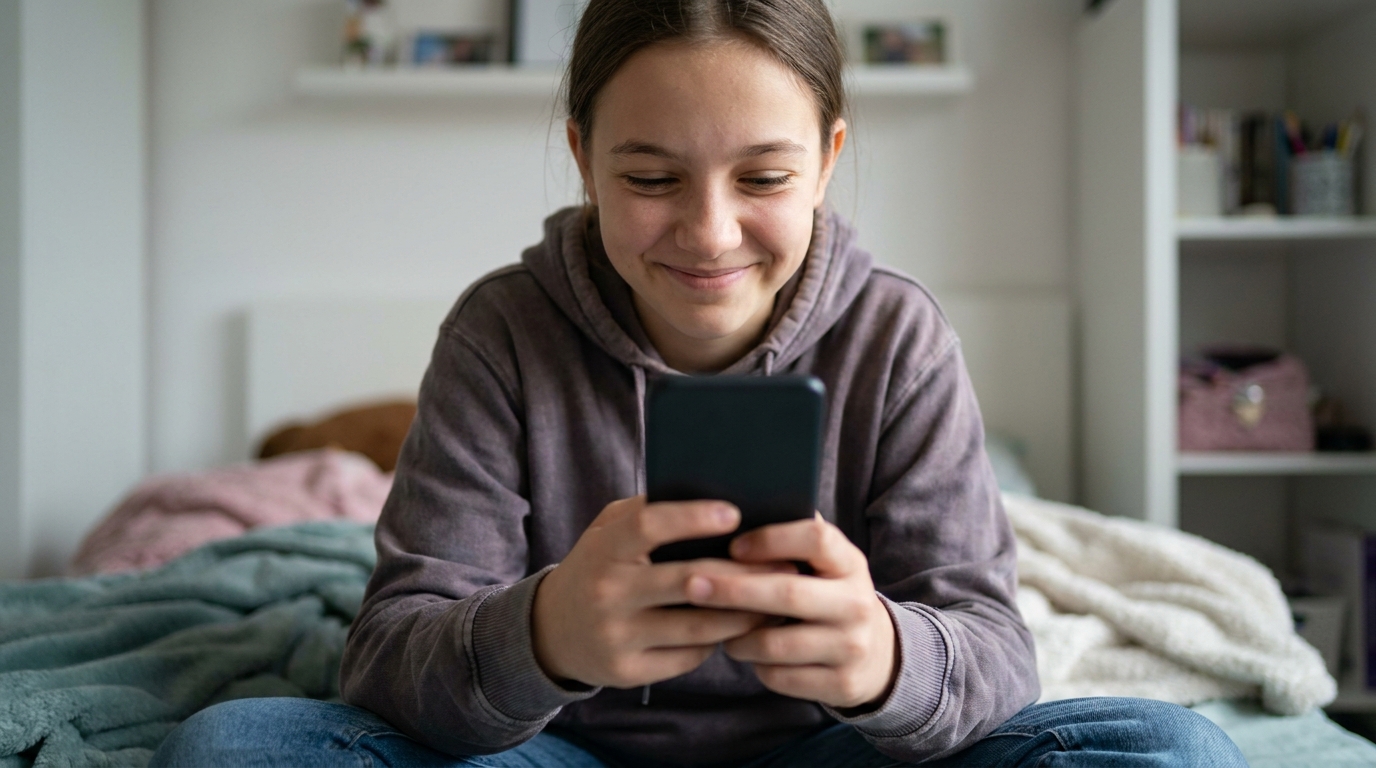 A girl of about fourteen on the end of her bed reading something on her phone, pleased and curious.