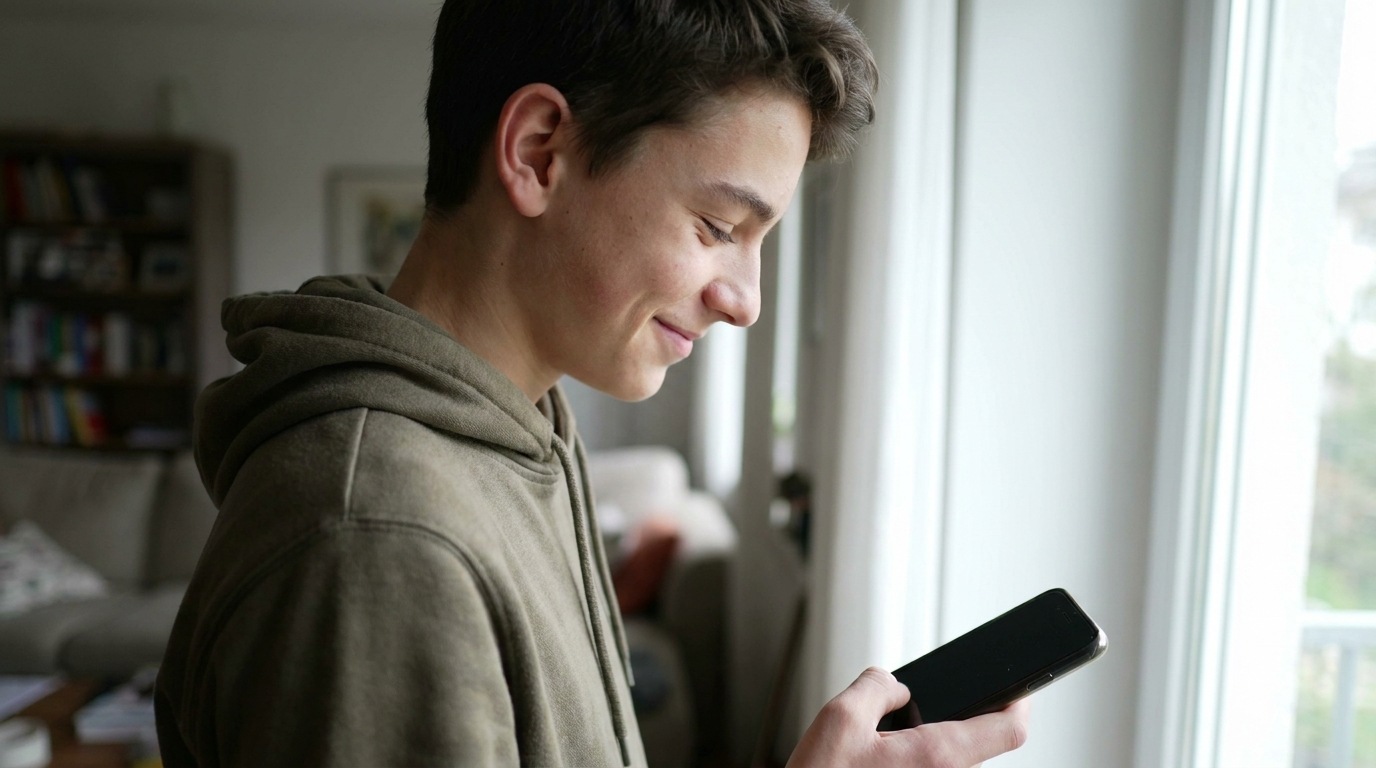 A boy of about fifteen looking down at his phone, smiling slightly at something that has flattered him.