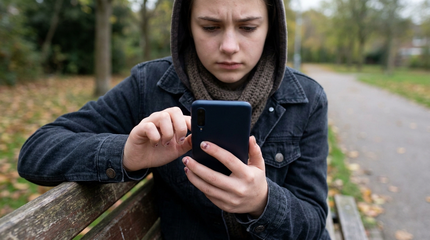 A girl of about fifteen holding her phone with her thumb stopped above it, not typing.