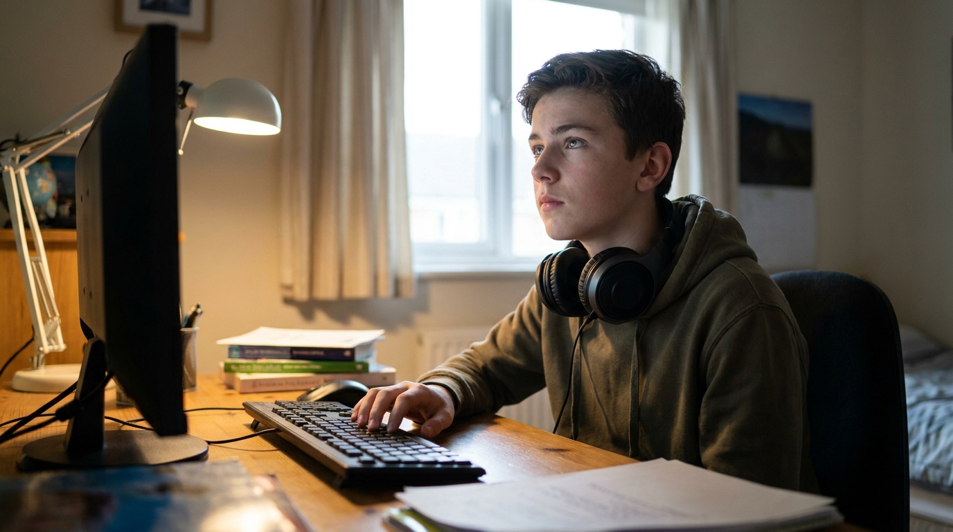 A boy of about fifteen at his desk with headphones round his neck, looking at a screen and deciding what to type.