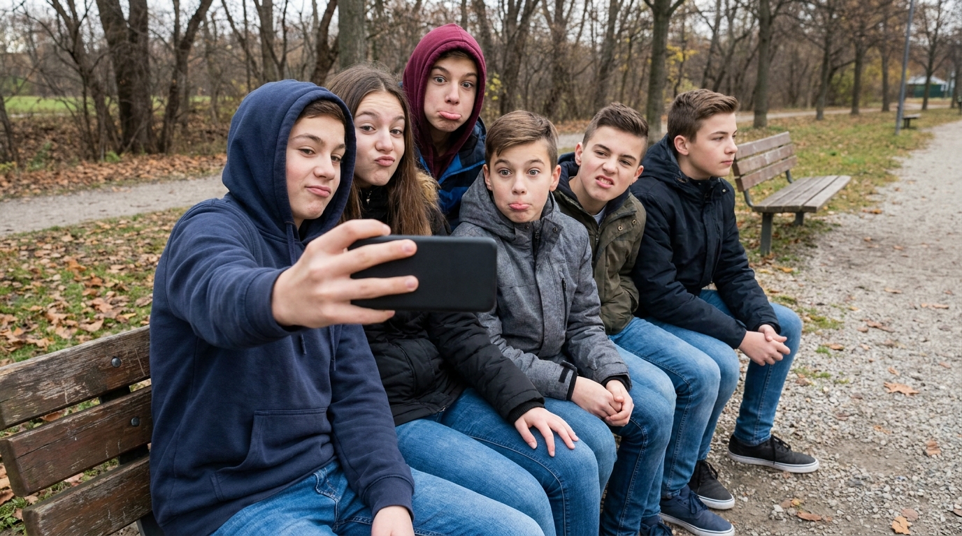 Six young teenagers along a bench pulling faces while one holds the phone out, and the one on the end is looking away.