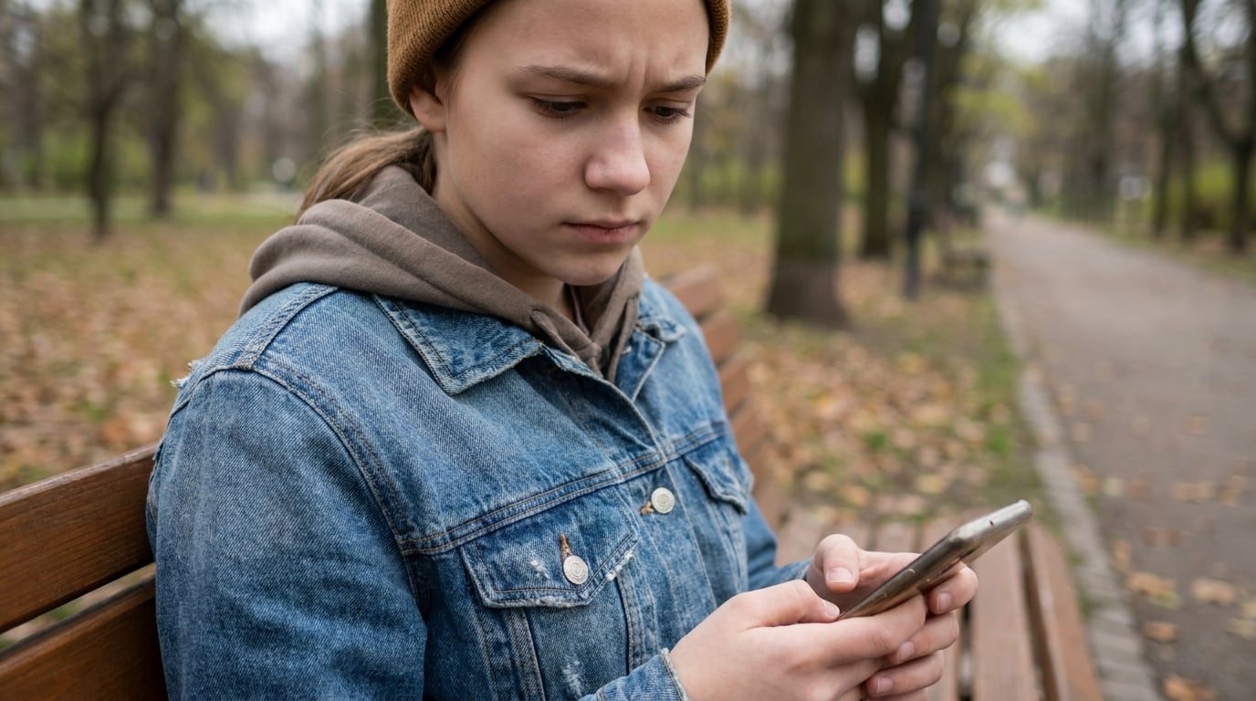 Close on a girl of about thirteen reading something on her phone, unimpressed.