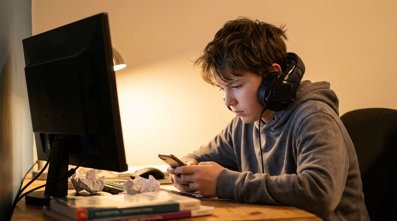 A boy of about thirteen at his desk with headphones pushed back, looking at his phone instead of the game.
