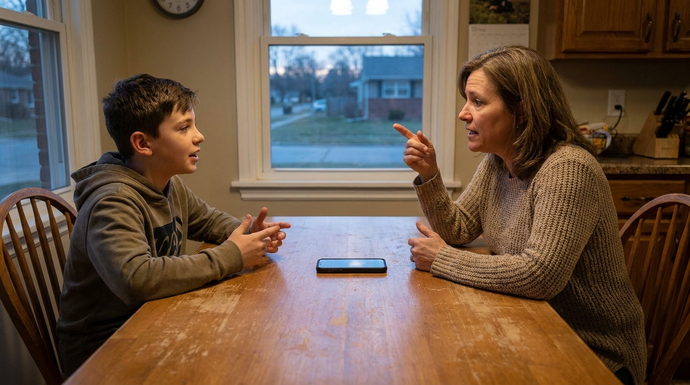 A boy of about twelve and a parent across a kitchen table, a phone between them, both talking at once.