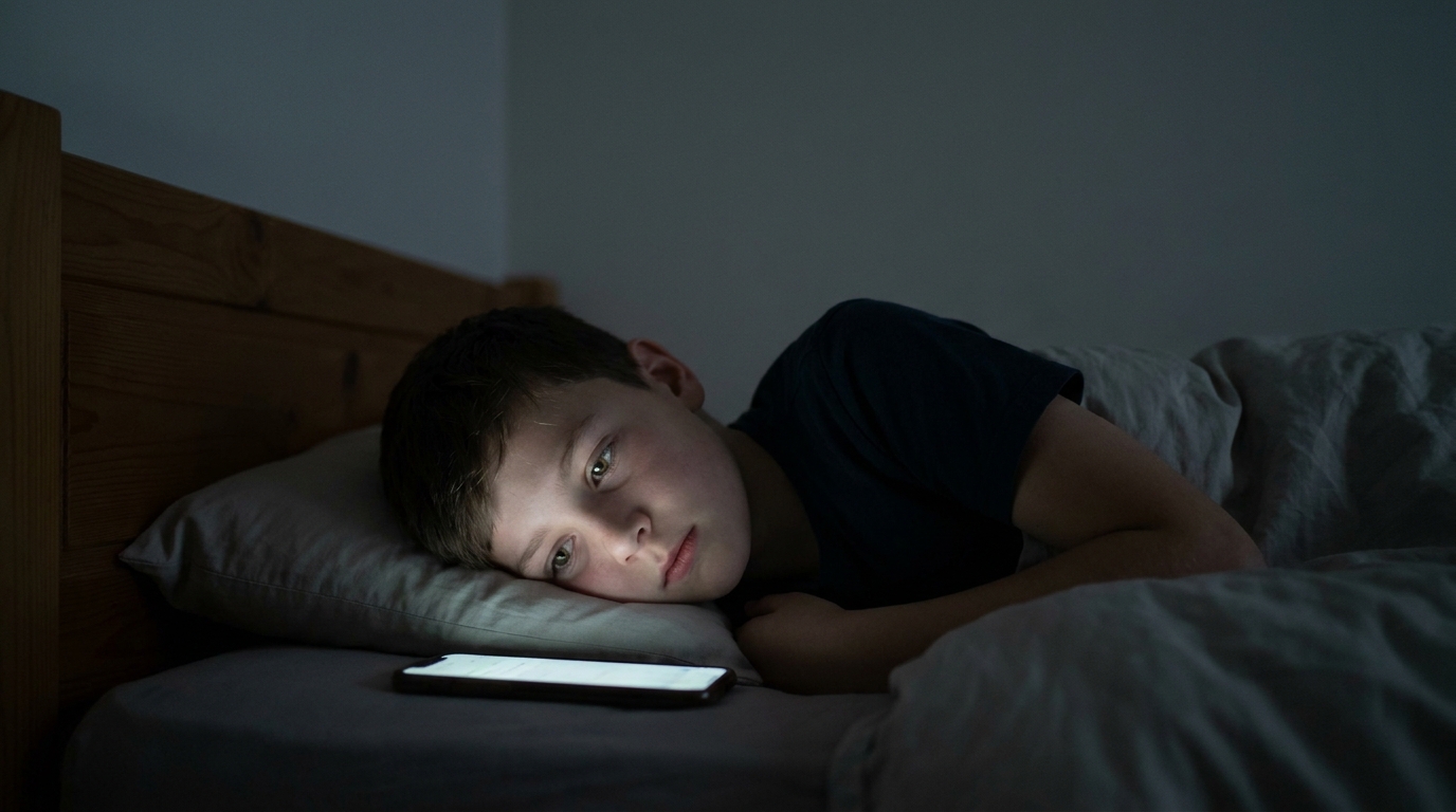 A phone face up on the pillow in a dark bedroom, its light on a boy's open eyes.
