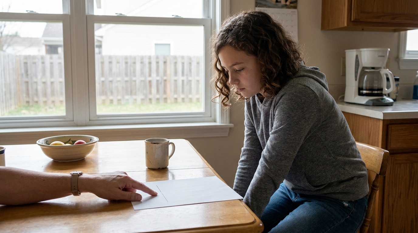A parent's finger on one line of a sheet of paper, a girl leaning in to read it.