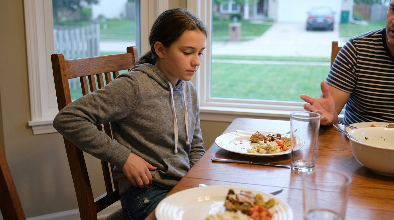 A girl of about thirteen at a family dinner table glancing down at the pocket her phone is in.