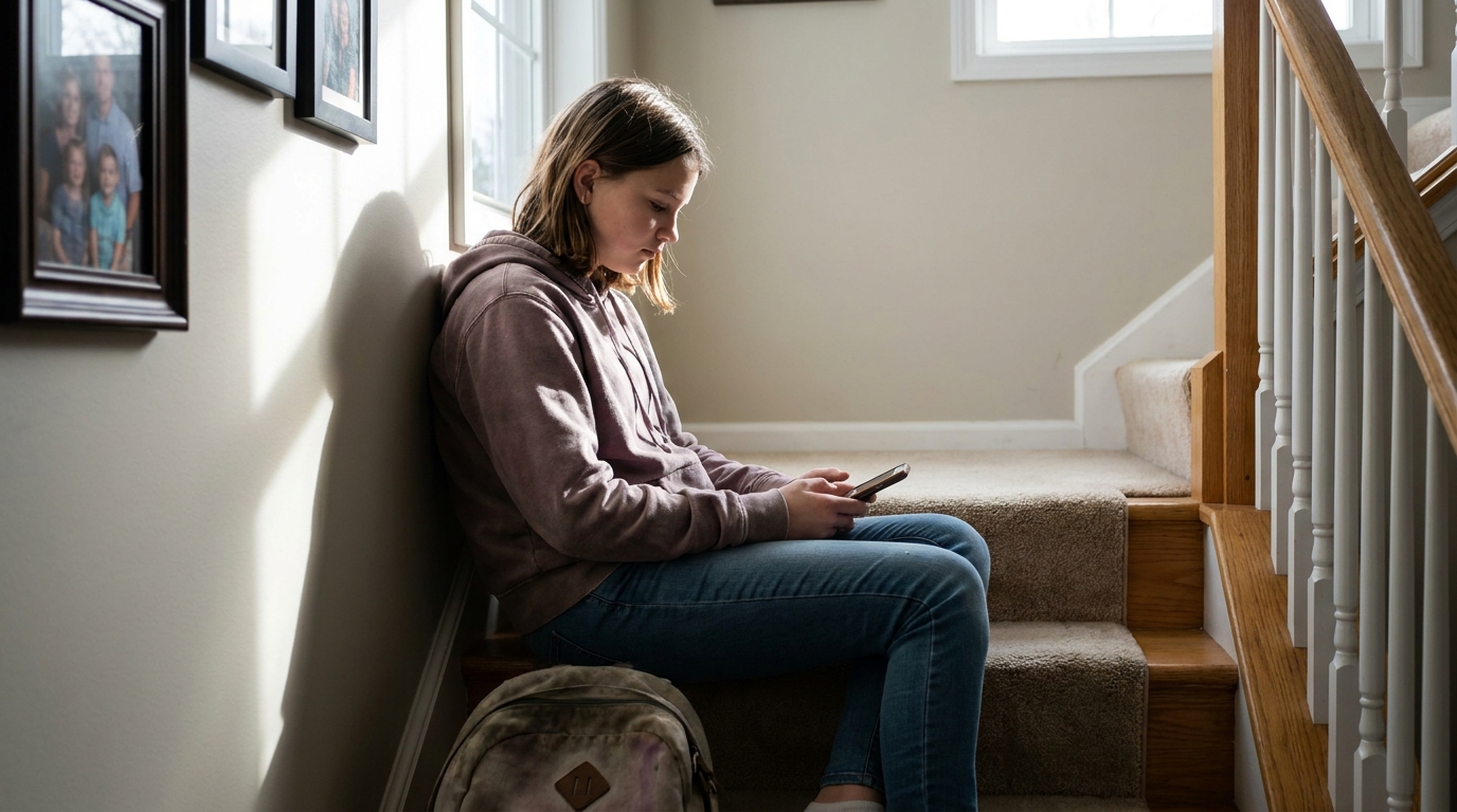 A girl of about thirteen alone on the stairs with her phone face down in her lap.