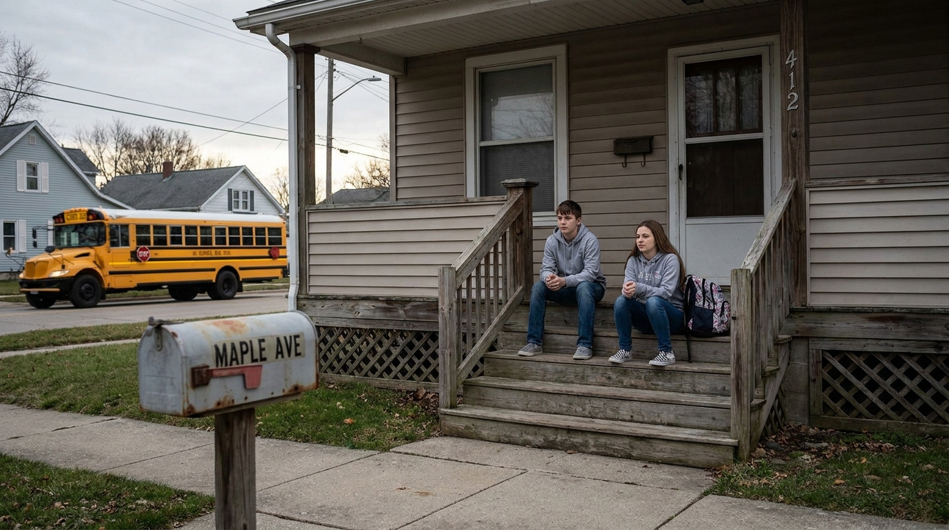 A girl of about thirteen taking a selfie on her front step, with the house number on the door and a street sign behind her.