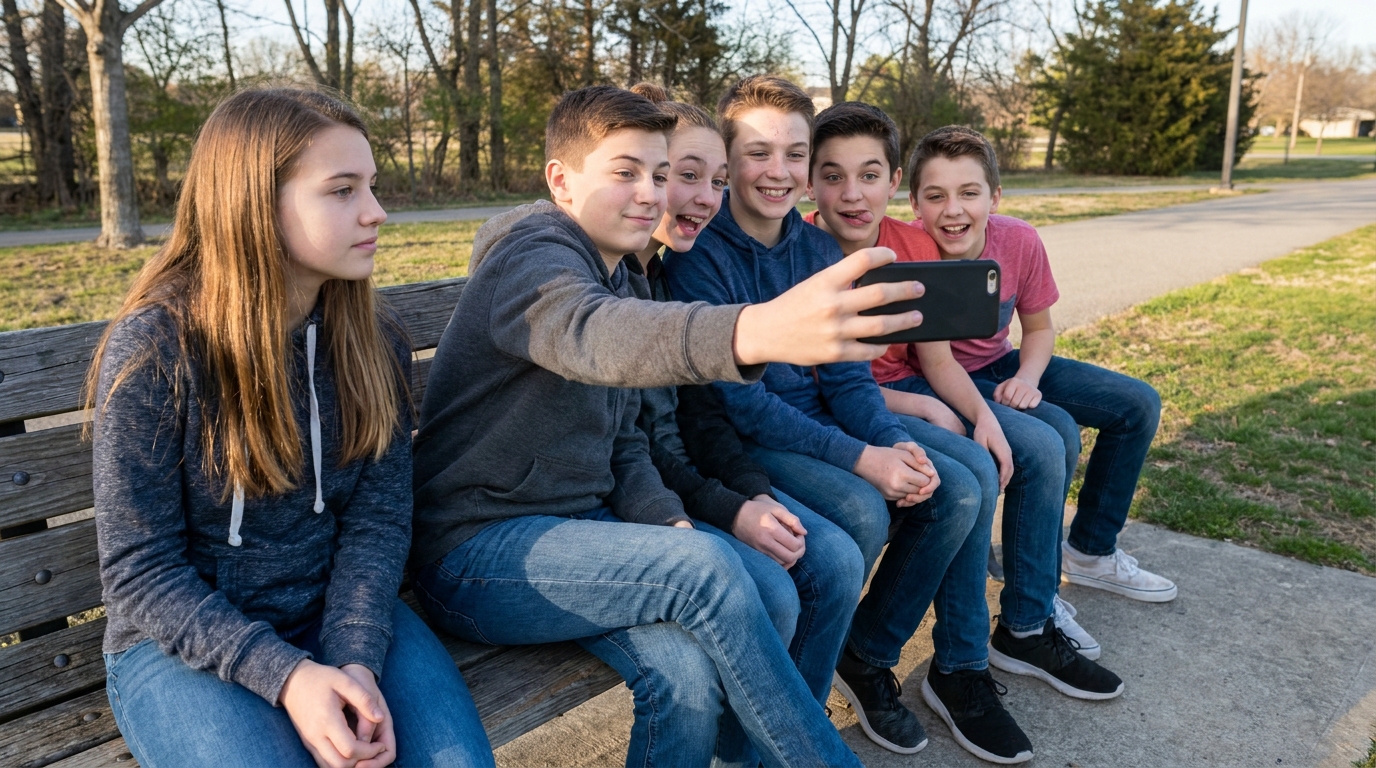 Six young teenagers along a bench pulling faces while one holds the phone out, and the one on the end is looking away.