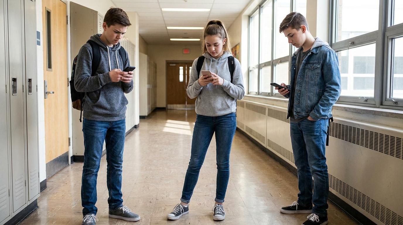 Three young teenagers a few steps apart in a school corridor, each looking at their own phone.