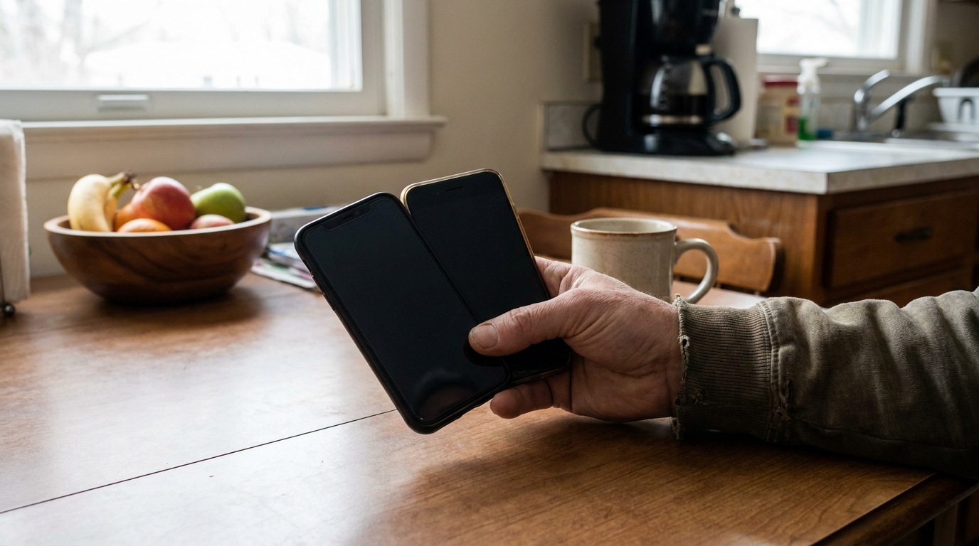 One adult hand holding two phones side by side over a kitchen table, both screens turned away.