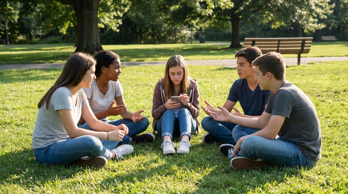 Five teenagers sitting together on the grass, one of them looking at a phone rather than at the others.