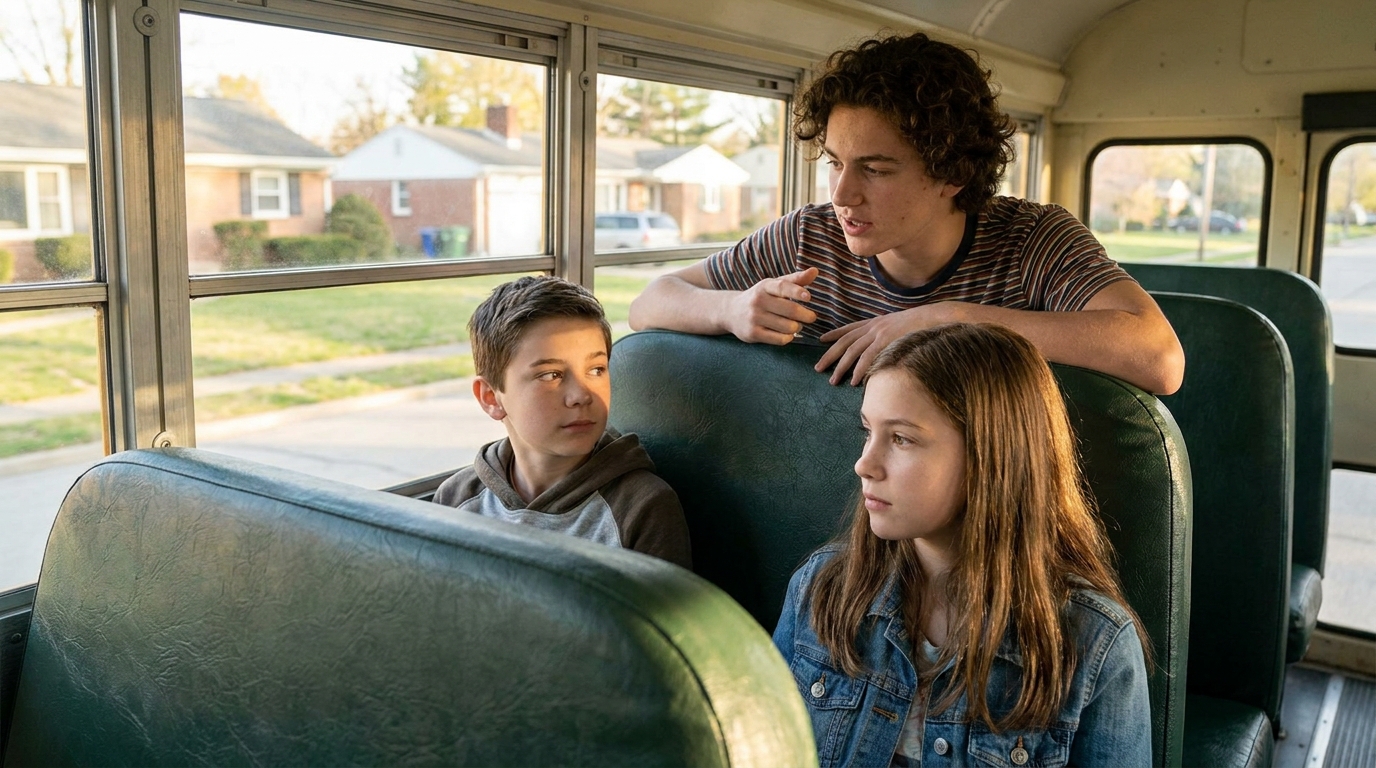 Two thirteen year olds on a school bus with an older teenager leaning over the seat behind them, talking.