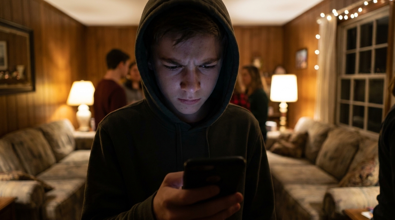 A boy of about fifteen at a house gathering looking down at the phone in his hand, working out whether to use it.