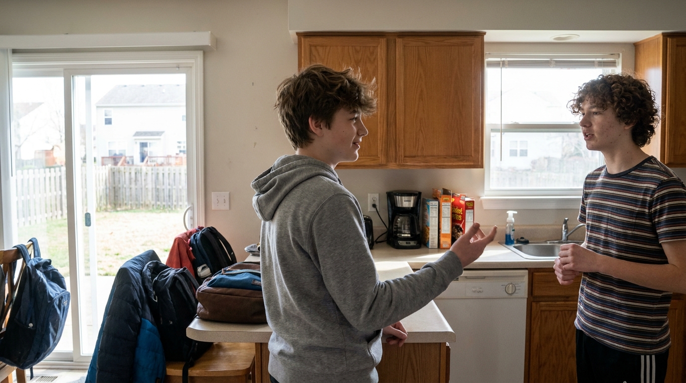 A boy of about fourteen in a busy kitchen, mid sentence and already half turned away, completely unbothered.