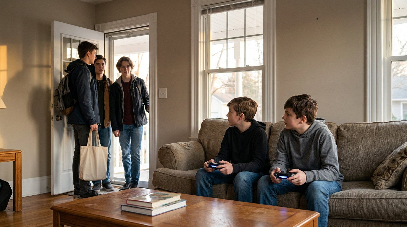 Two thirteen year olds on a sofa with controllers while three older teenagers stand in the doorway behind them.