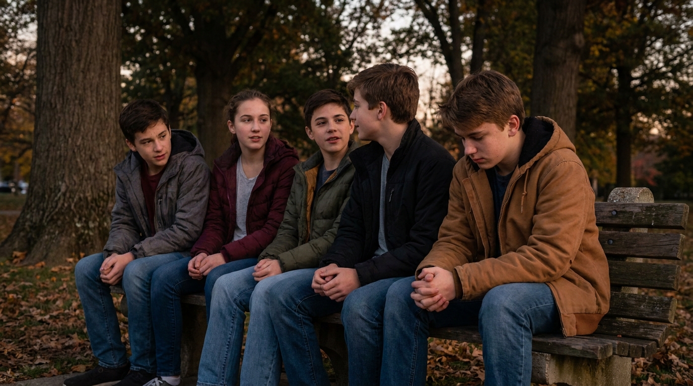 Five young teenagers along a park bench at dusk, talking, the one on the end looking down at their own hands.