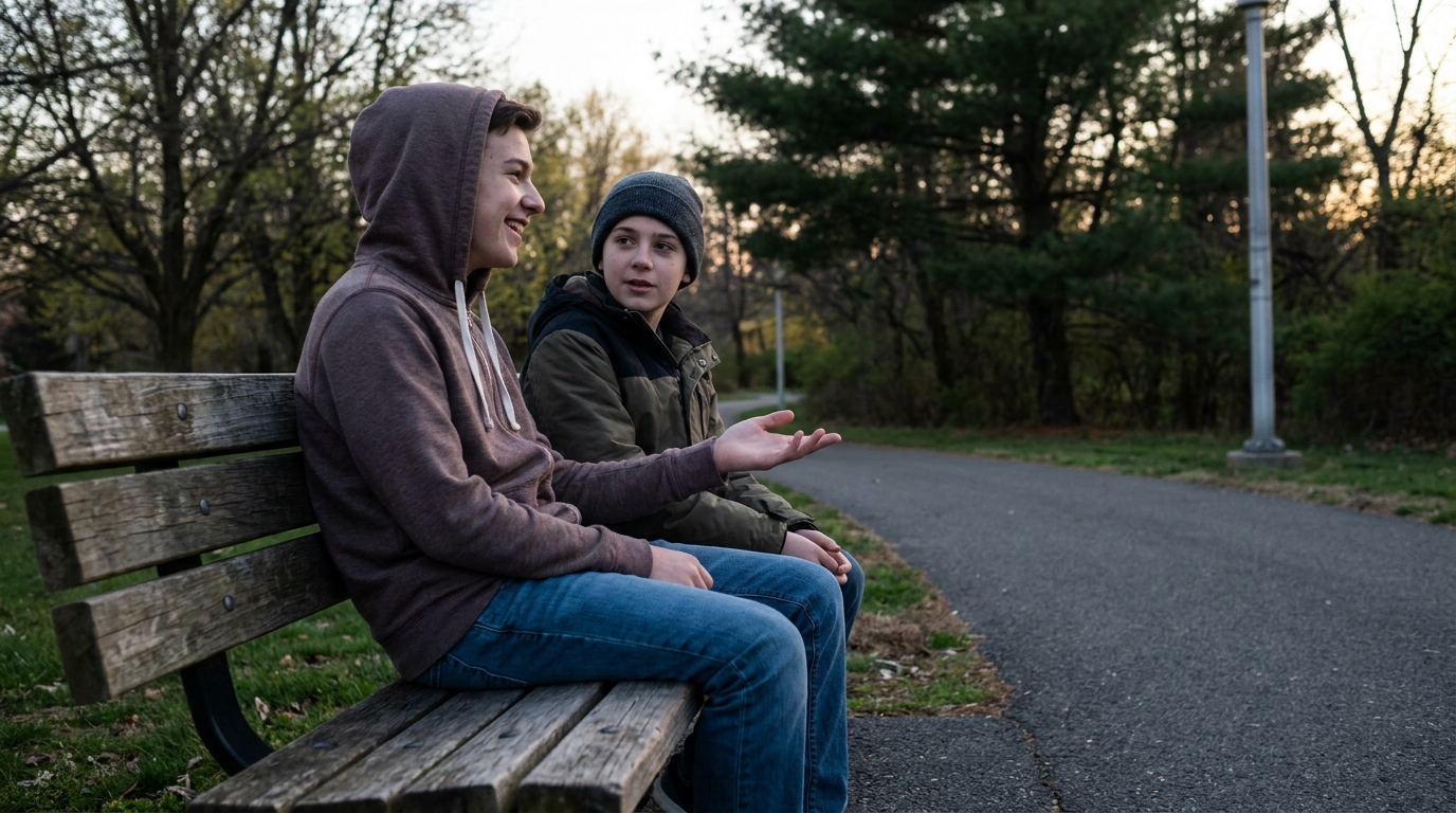 Two fourteen year olds on a bench at dusk, one turned towards the other mid sentence and smiling.