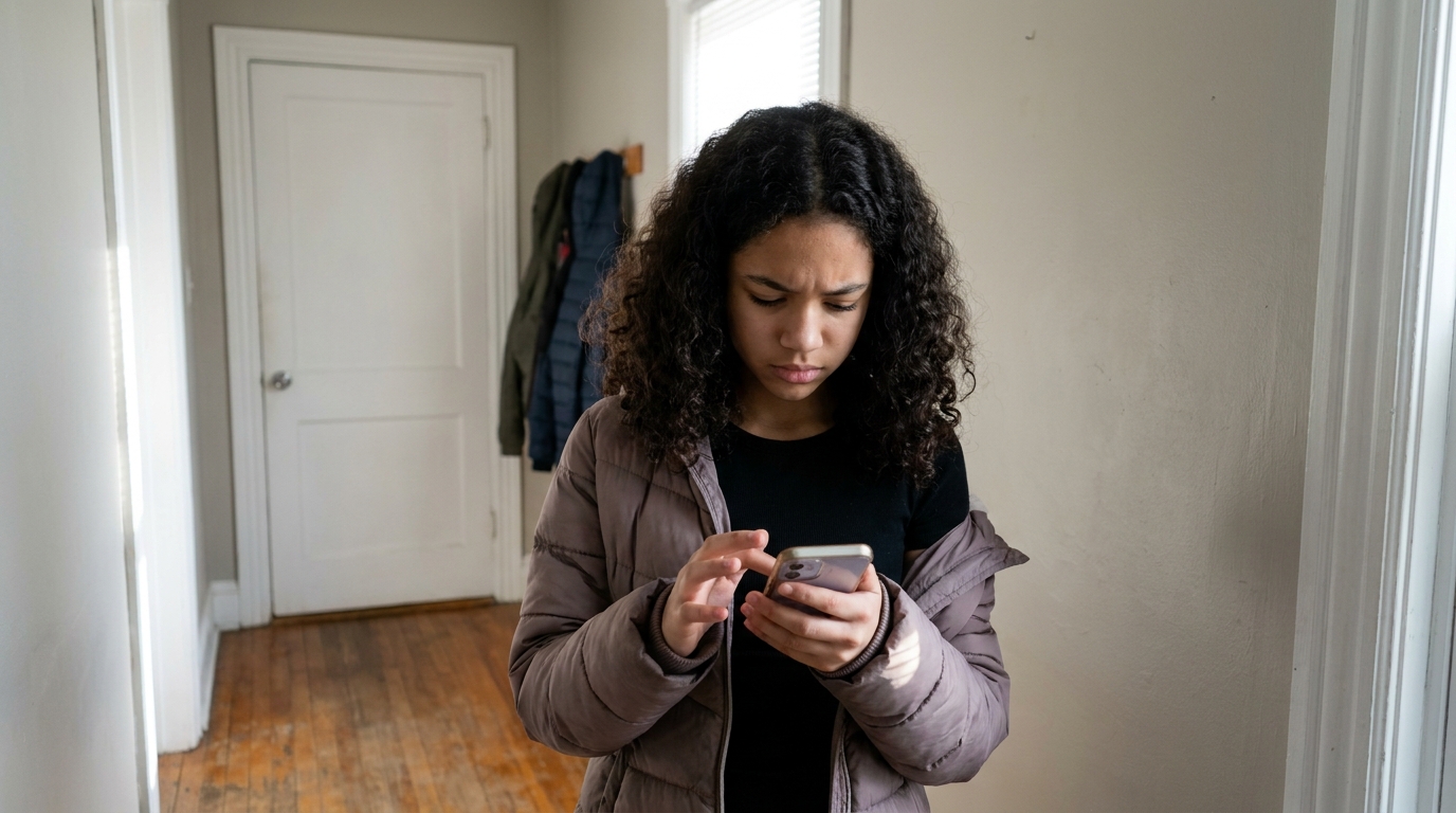 A girl of about fourteen standing in her hallway with her coat half on, reading a group chat on her phone and deciding what to type.