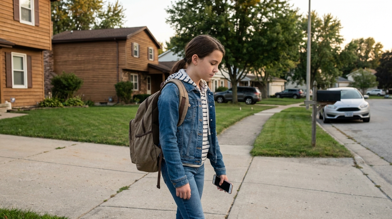 A girl of about twelve walking home alone along a suburban sidewalk with a backpack on.