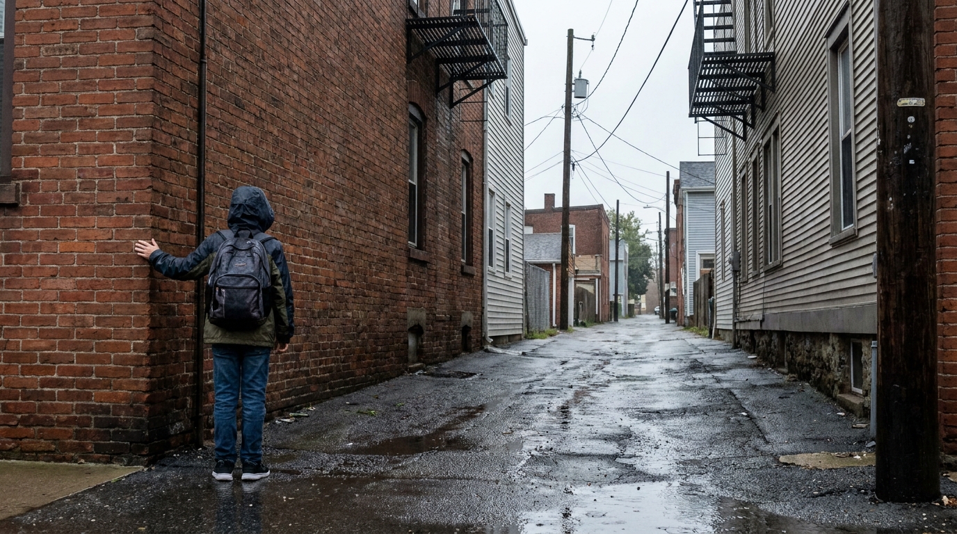 A boy of about twelve stopped at the mouth of a narrow alley in the rain, deciding.