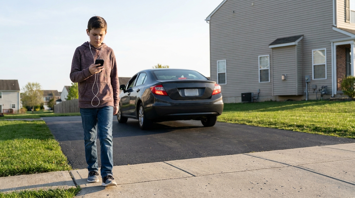 A boy walking with his phone up and both earbuds in while a car backs out of a driveway ahead.