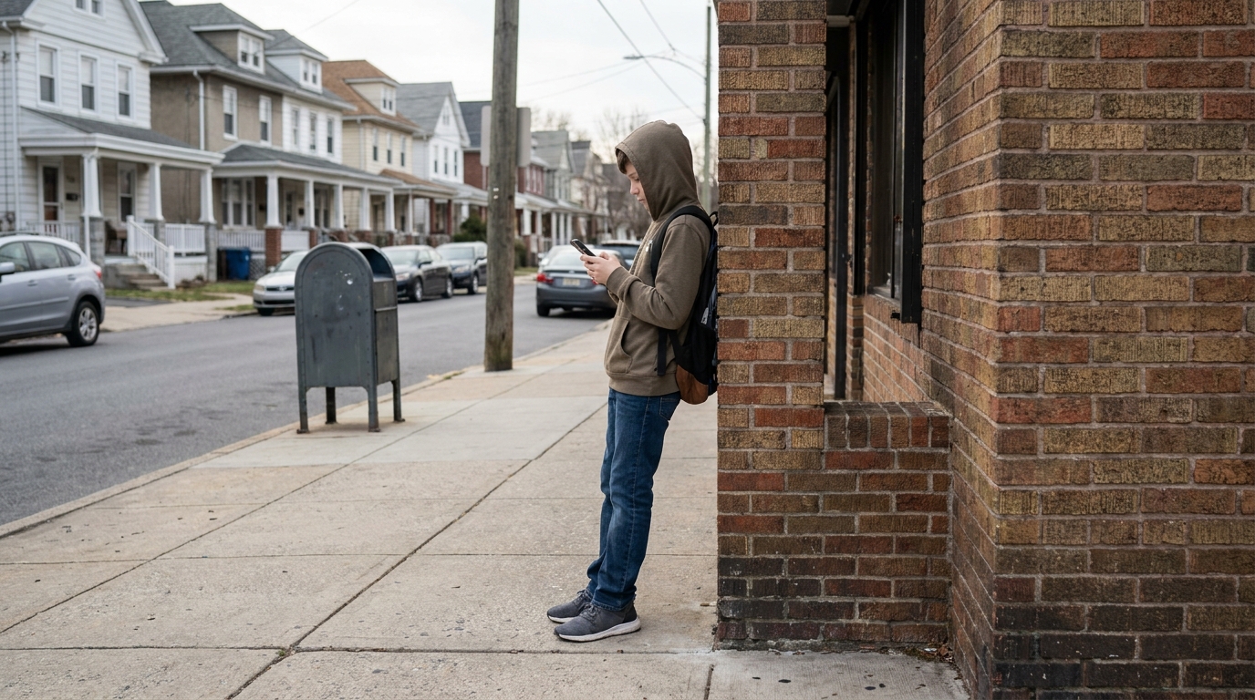 A boy stopped with his back to a store wall, reading his phone, standing still.