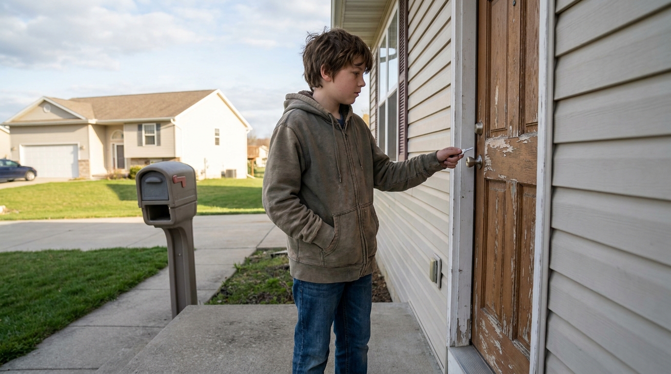 A boy at his own front door with the key already out of his pocket, about to put it in the lock.