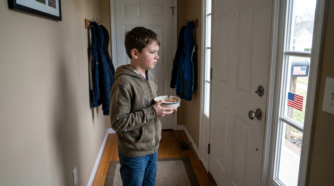 A boy of about eleven in his hallway a step back from a closed front door, cereal bowl in hand.