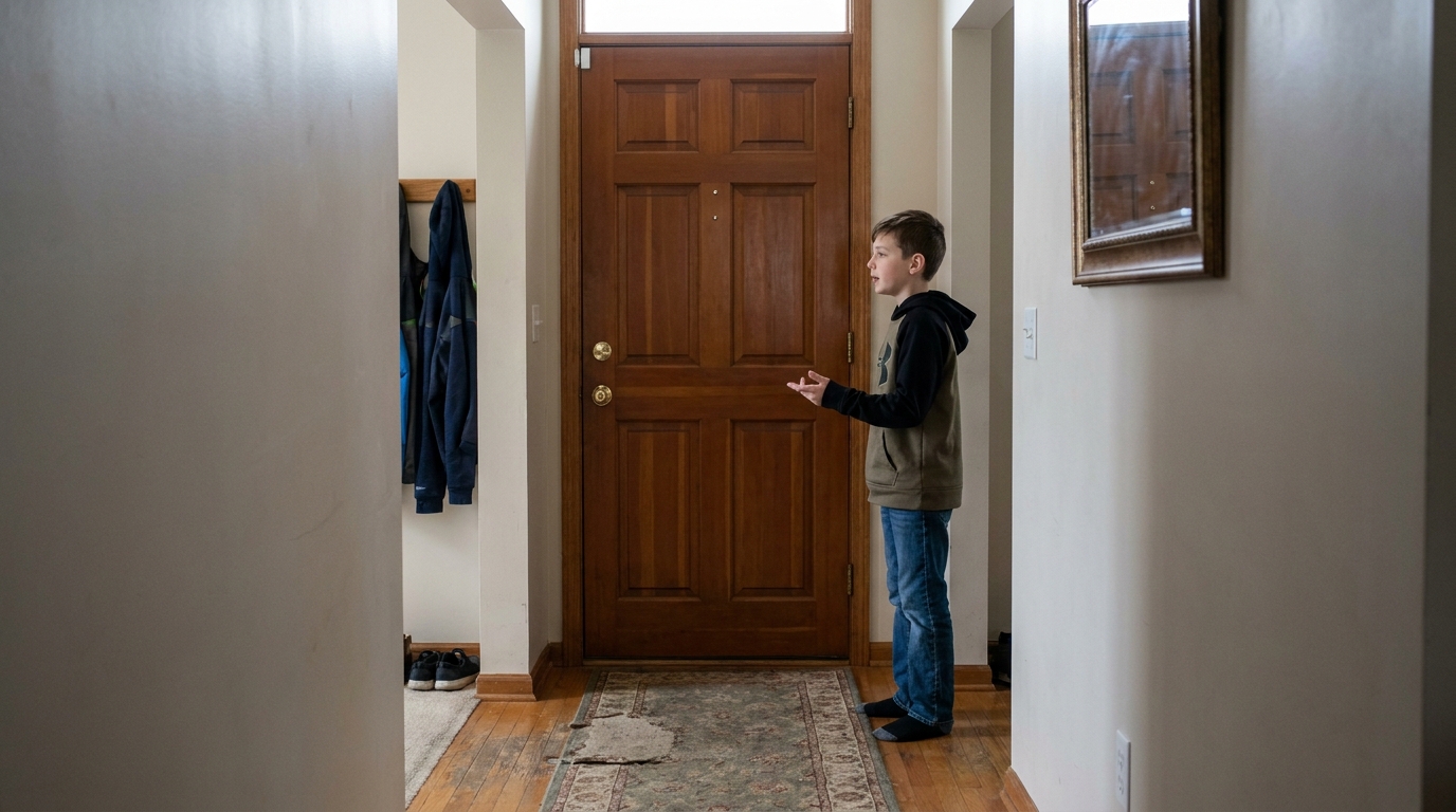 A closed front door from inside, a boy standing back from it and speaking, not touching it.