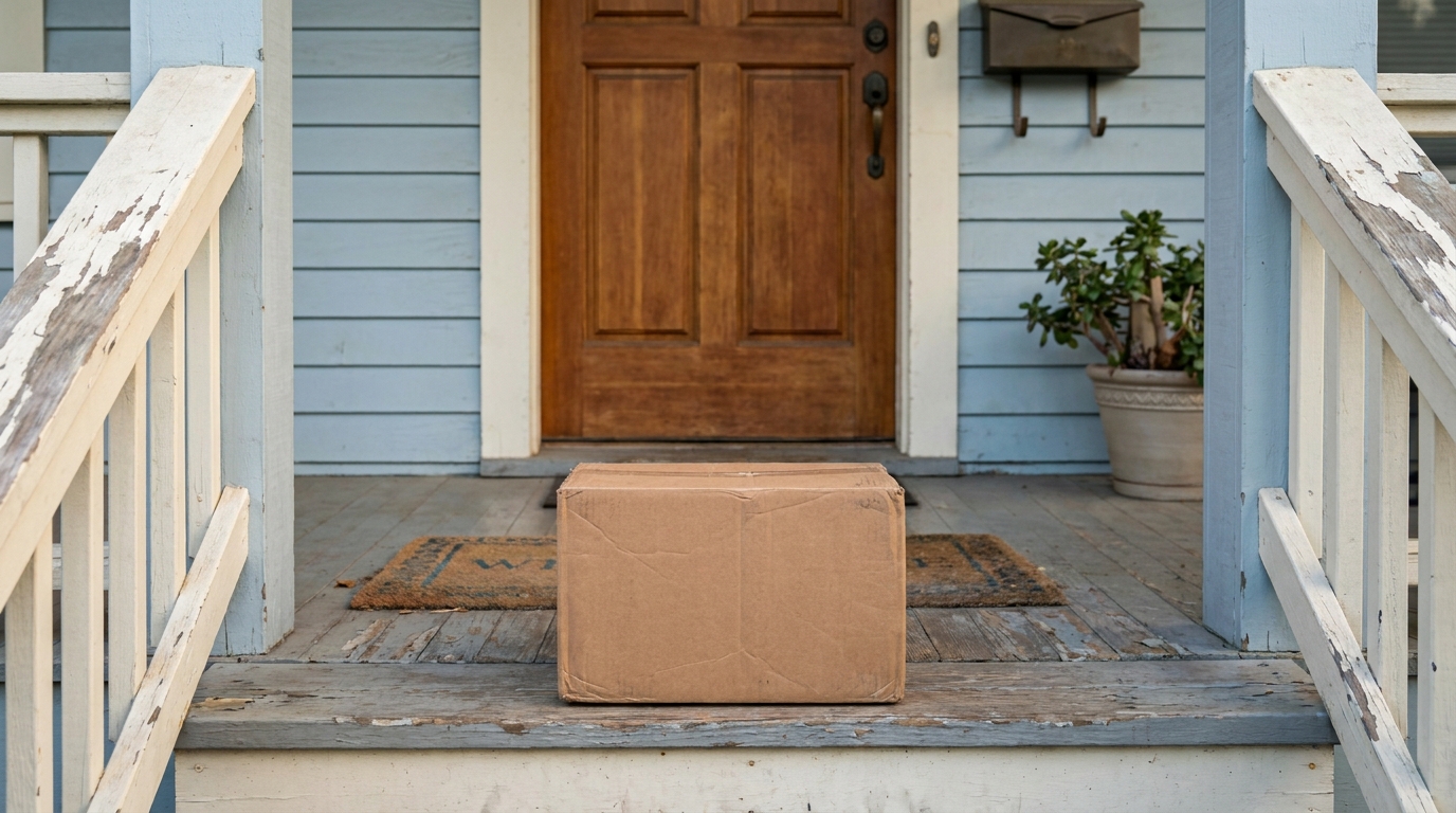 A parcel sitting on the front porch step, the door closed behind it, nobody there.