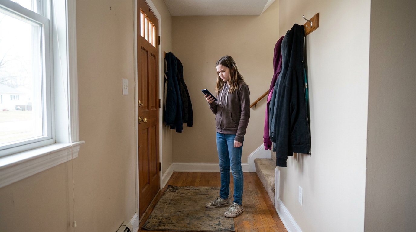A girl of about twelve a few steps back from a closed front door, looking at her phone, listening.
