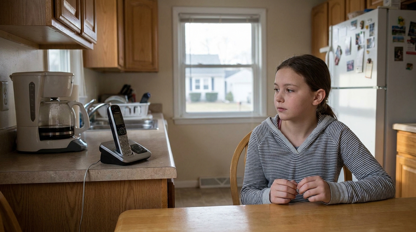 A house phone on a kitchen counter with a girl of about eleven at the table looking across at it.
