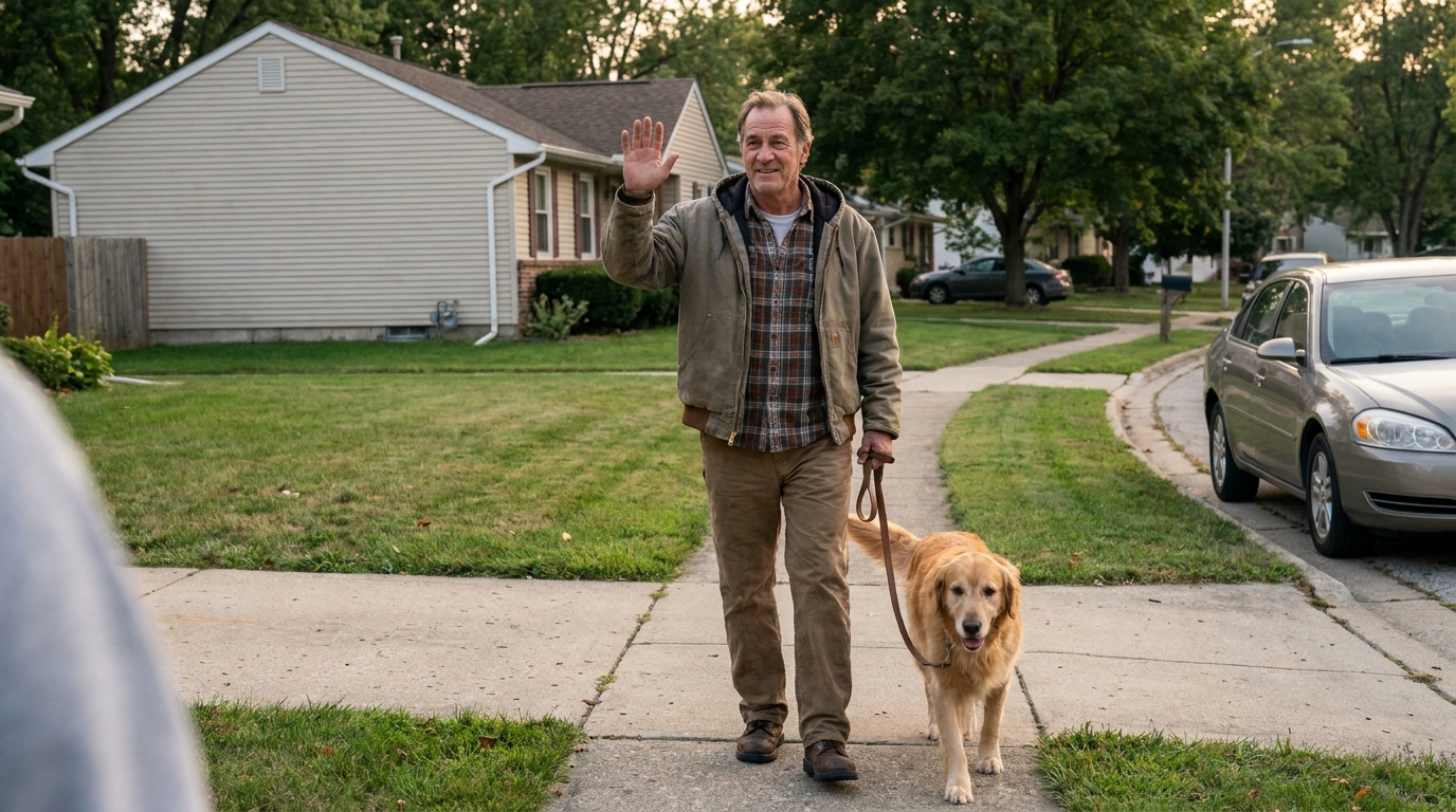 A friendly neighbor walking a dog on a suburban sidewalk, raising a hand to somebody.