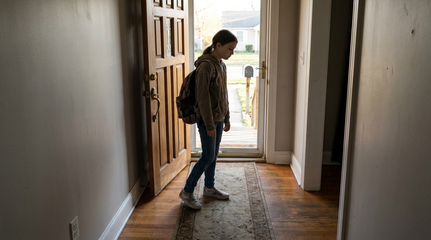 A girl just inside her hallway, bag sliding off, the front door still open a few inches behind her.