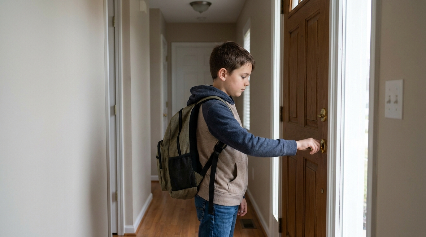 A boy turning the deadbolt on his front door with his backpack still on.