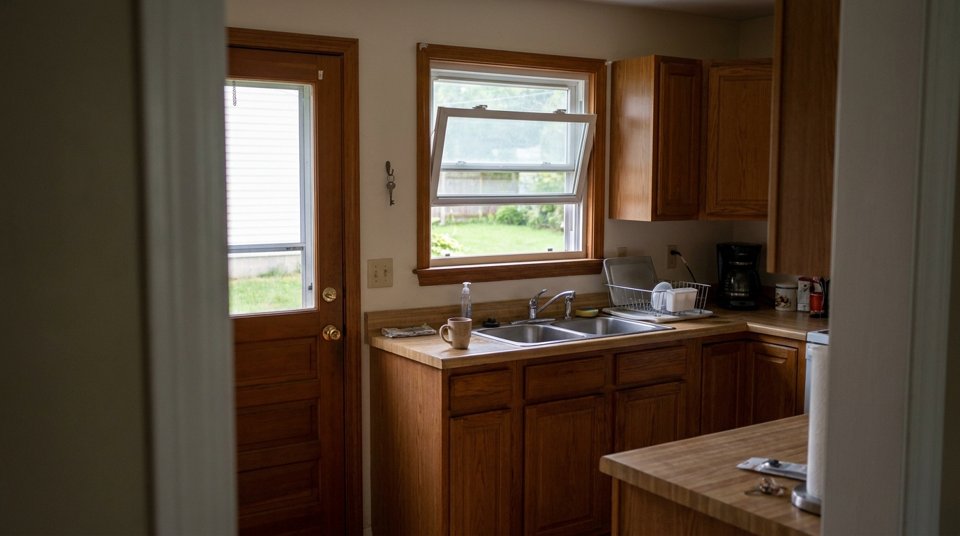 A kitchen seen from the hall: a back door with a key beside it, and a window over the sink open a few inches.